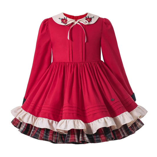 Pettigirl Girls Red Cute Retro Style Doll collar Long Sleeve Embroidered Christmas Dress with Headband