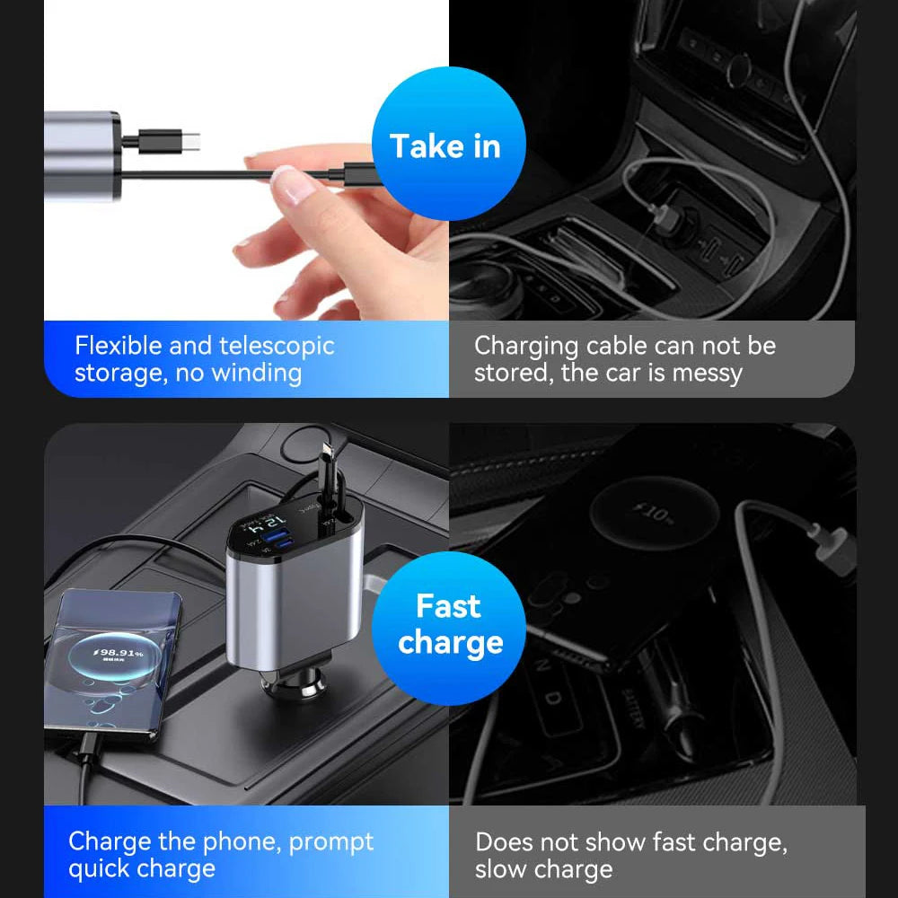 4-in-1 120W Retractable Car Charger — USB-C + Lightning + Type-C Cigarette Adapter — view 5 of chargers & cables