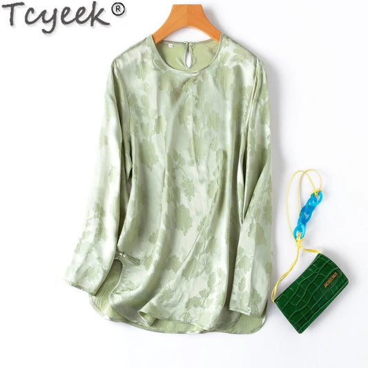 Tcyeek 30mm Real Silk Blouse 2024 Women's Long Sleeve Top Elegant Blouses for Women Spring Summer Clothes 50% Mulberry Silk Top