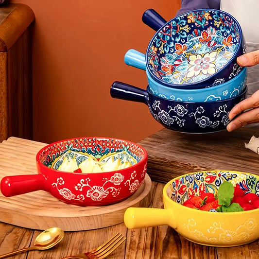 Bohemian Hand-Painted Ceramic Salad Bowl — Embossed Patterned Bakeware with Handle — view 1 of dining & tableware