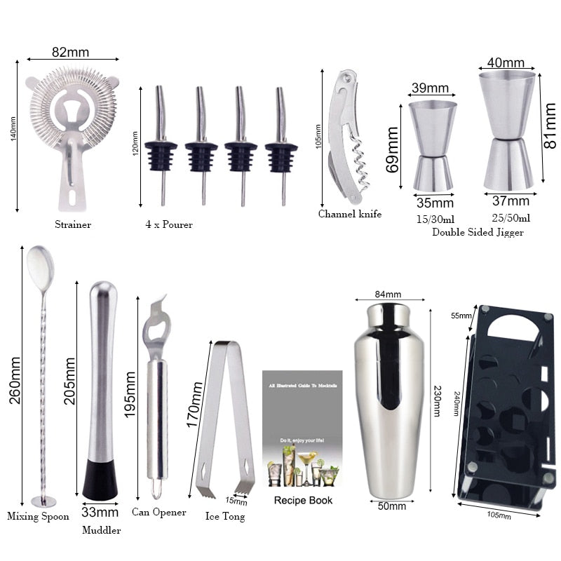 1-14 Pcs Stainless Steel Cocktail Shaker Set – 600ml/750ml Mixer for Drinks