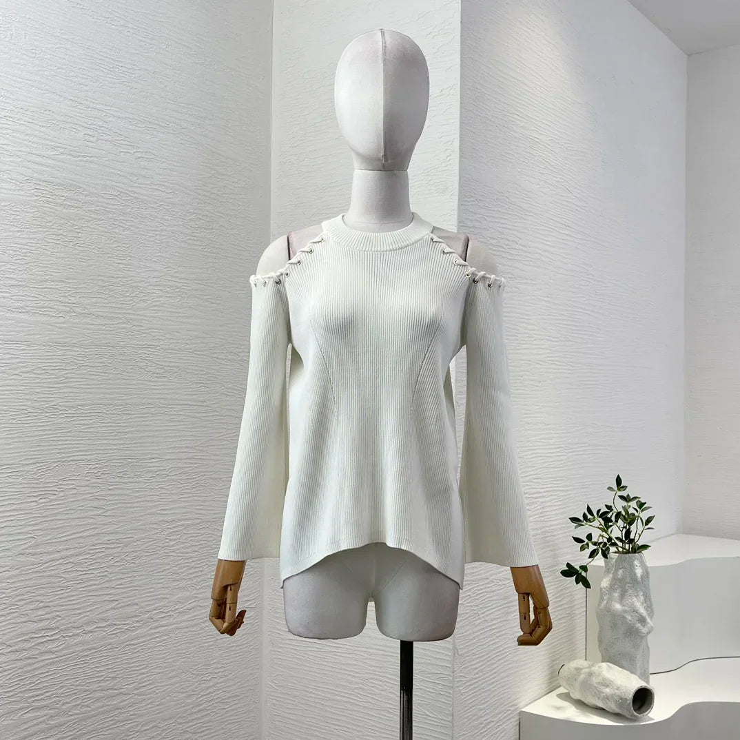 Black Cut Out Knit Elegant High Quality New Design 2024 Autumn Winter Long Flare Sleeve White Women All-matching Blouse Tops