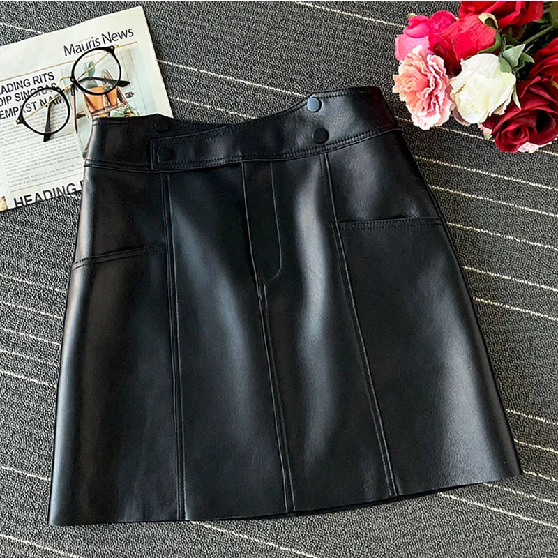 Women Fashion 2023 Spring Harajuku Sheepskin Leather Short Skirt Irregular Pocket A-line Sexy Mini White/Black Solid