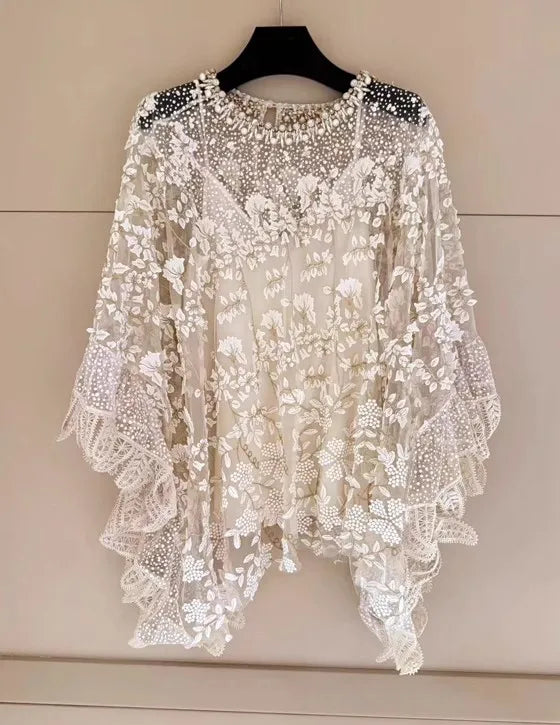 Luxury Embroidery Cloak Top O Neck Looose Asymmetrical Elegant White Blouse Handmade Beading Two-piece Sexy Sheer Mesh Shirt