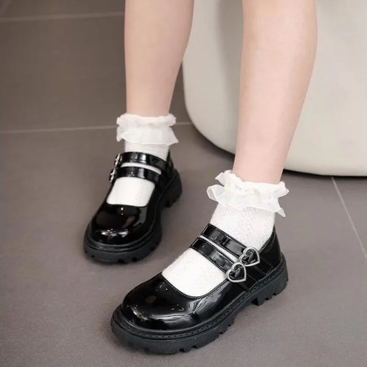 Girls Chunky Platform Mary Jane Shoes Children's Heart Buckle Strap Thick Heels Pumps Woman Black Patent Leather Lolita Shoes