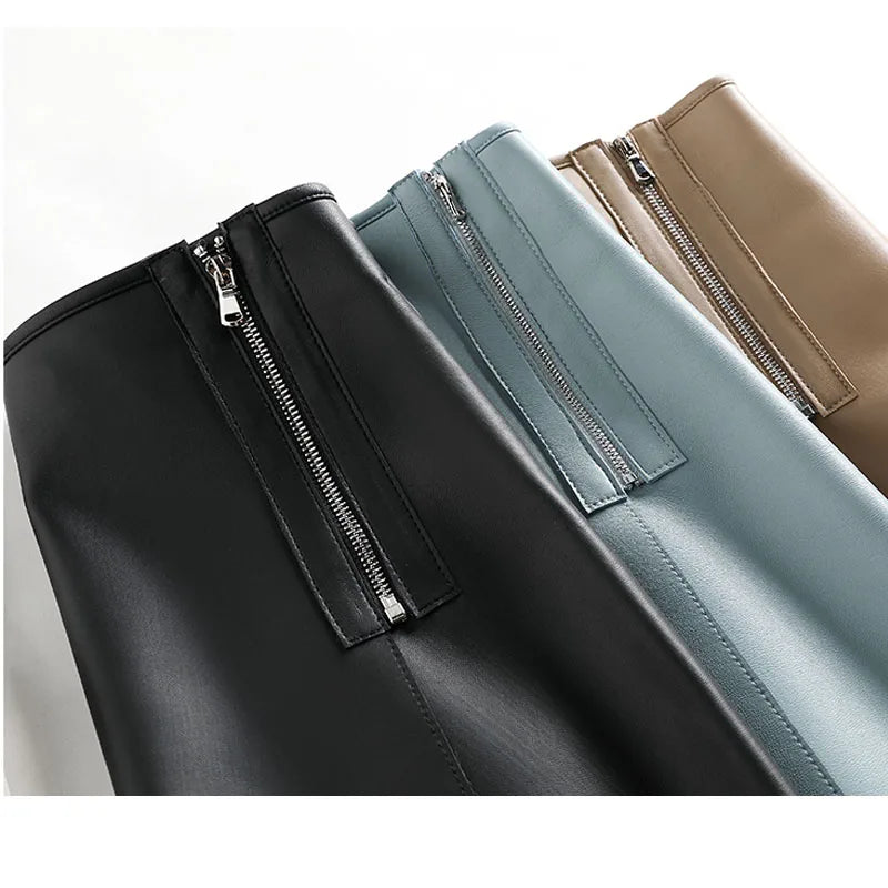 Women Fashion 2022 Harajuku Sheepskin Leather Skirt Femme A-line Sexy Mini Blue Zipper Decorate