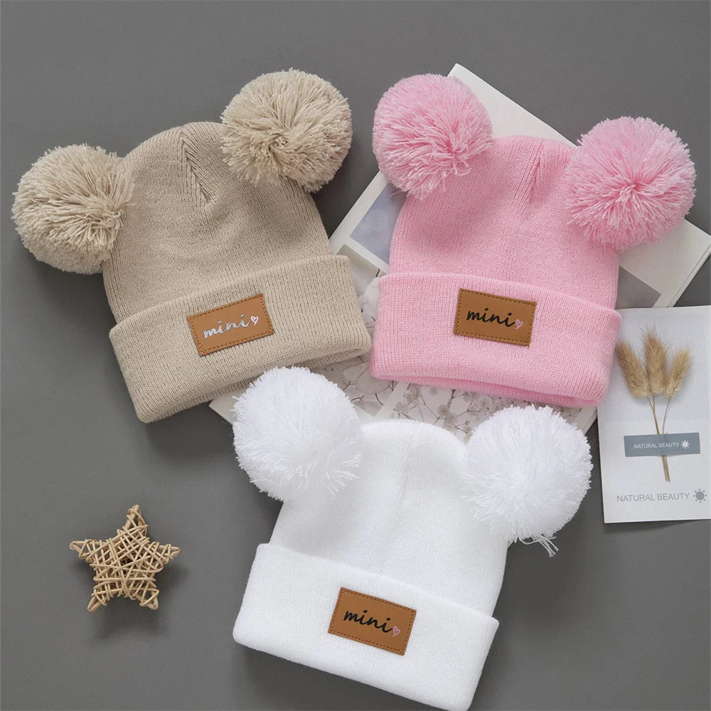 3pcs Infant Knit Beanie Bundle - Heart-Pompom Stretchy Caps in Mixed Colors — view 2 of baby hats