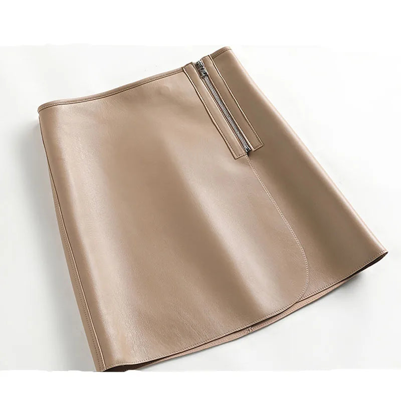 Women Fashion 2022 Harajuku Sheepskin Leather Skirt Femme A-line Sexy Mini Blue Zipper Decorate