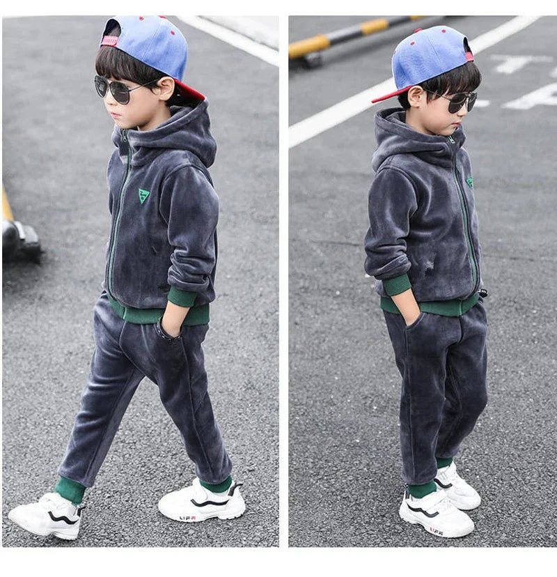 Children Clothing Set Double-sided Velvet Fashion Letter Hooded 2PCS Hoodies Coat +Pants Kids Boys Tracksuit for Autumn Winter