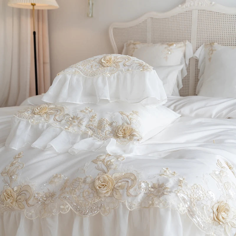 White Lace Embroidery Bedding Set – Korean Princess Wedding Bedclothes, Cotton Duvet Cover & Bed Sheet