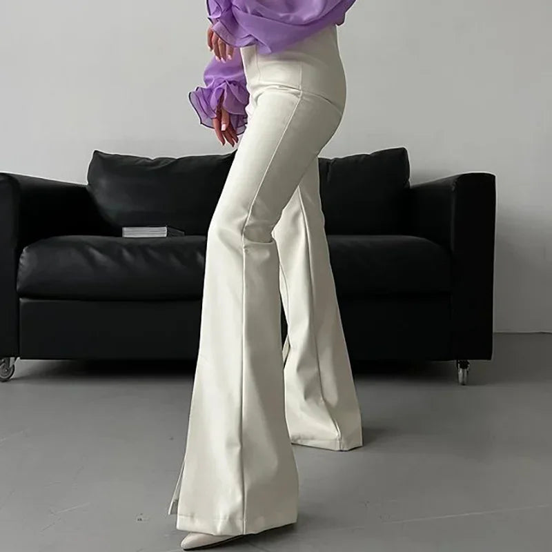 Euro-american Style 2024 Autumn and Winter New PU Leather White Splicing Slit Sexy Tight Micro Horn Leather Pants Women