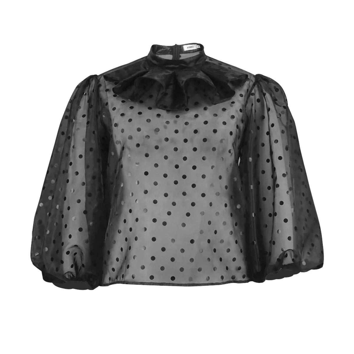 Women’s Polka Dot Mesh Hoodie – Sexy Stand Collar Lantern Sleeve Top