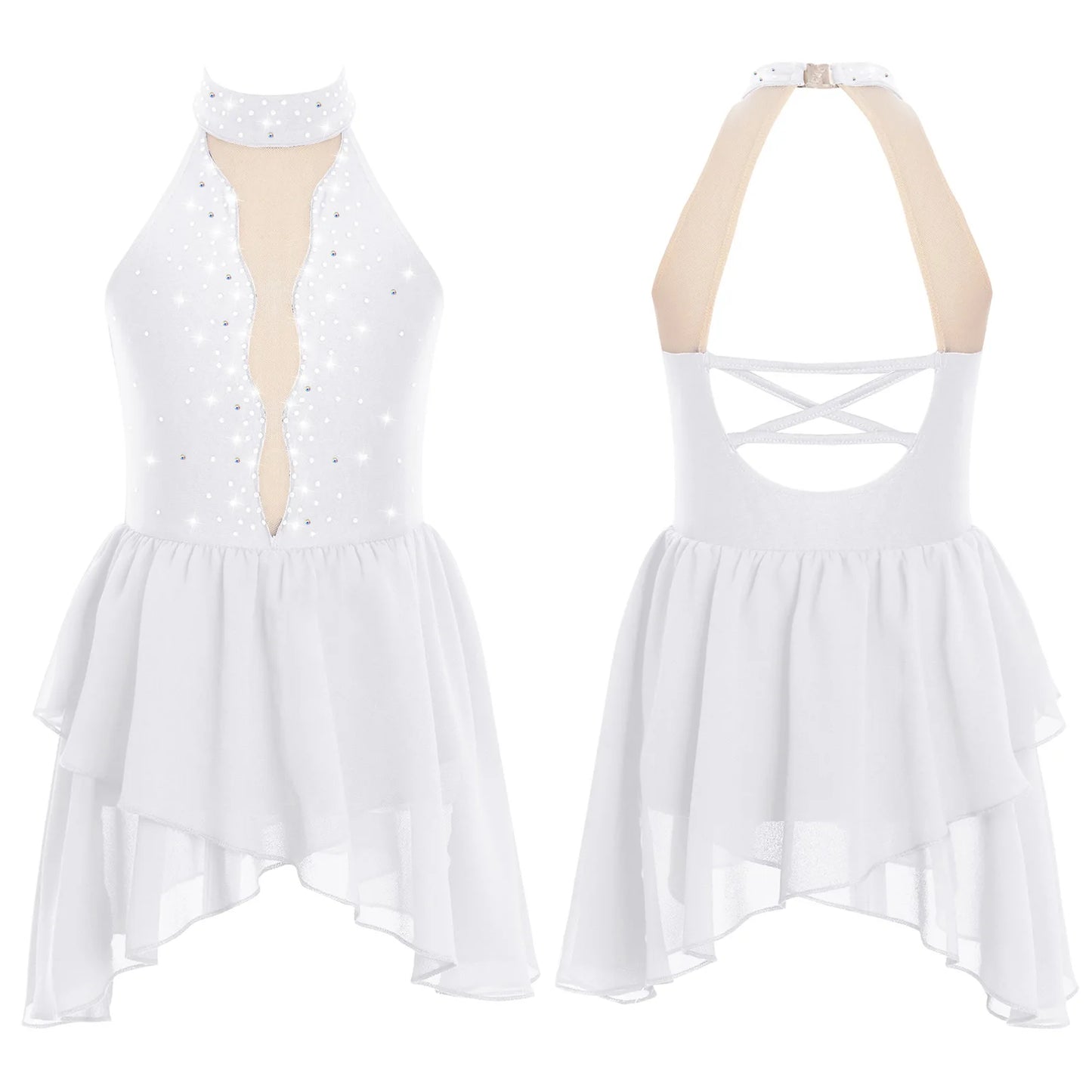 Kids Girls Rhinestone Dance Dress - Ballet Gymnastics Sleeveless Mesh Leotard — view 11 of dance costumes
