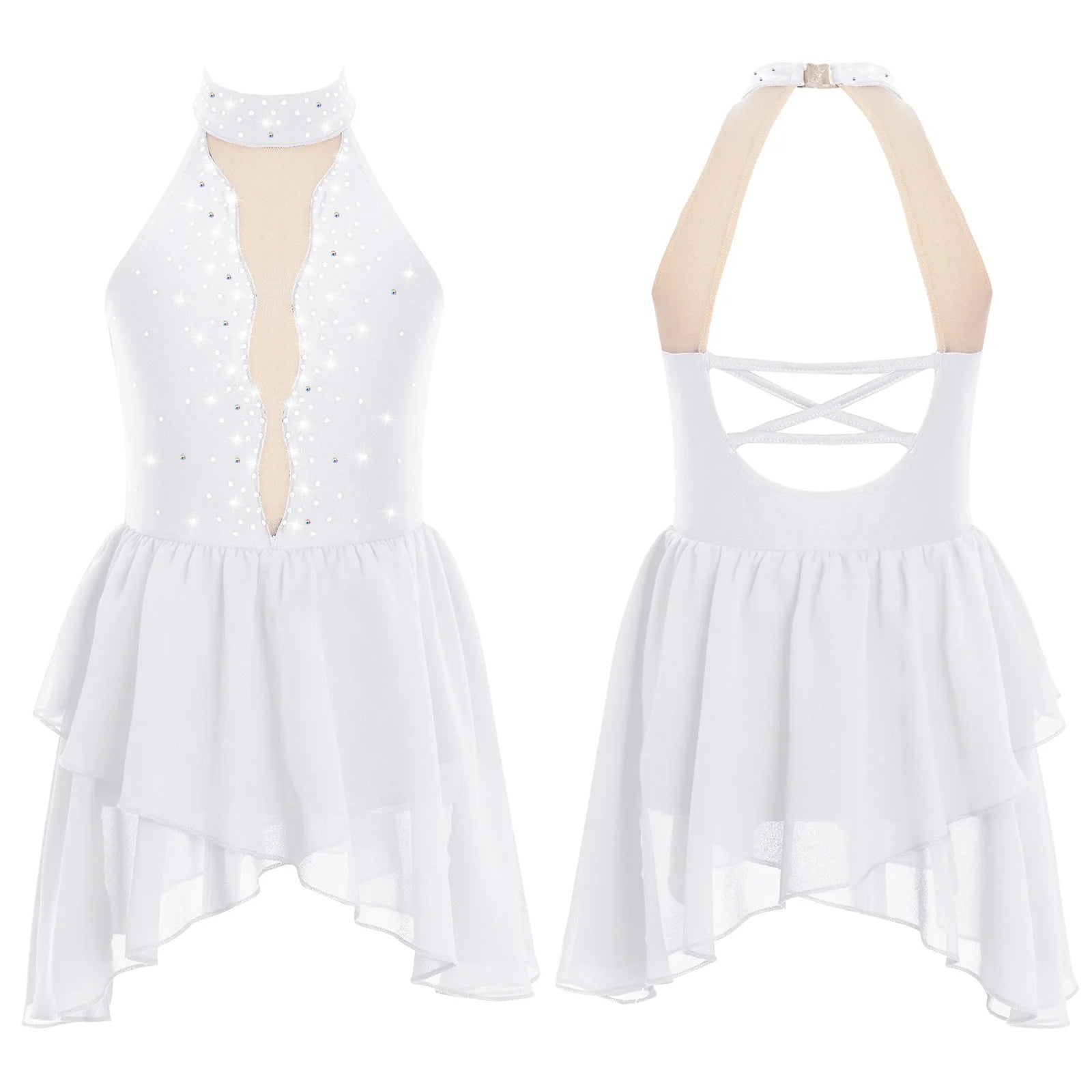 Kids Girls Rhinestone Dance Dress - Ballet Gymnastics Sleeveless Mesh Leotard — view 11 of dance costumes