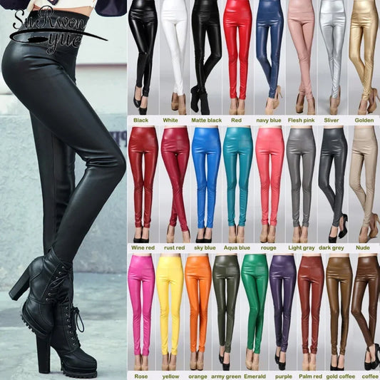 Women’s Y2K Faux Leather Pencil Pants – Elastic Stretch Velvet-Lined Trousers for Autumn