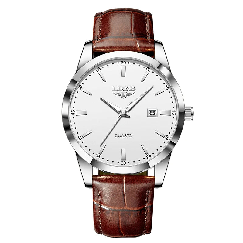 LIGE Men's Brown Leather Watch — Military Sport Quartz Chronograph Wristwatch — view 13 of watches