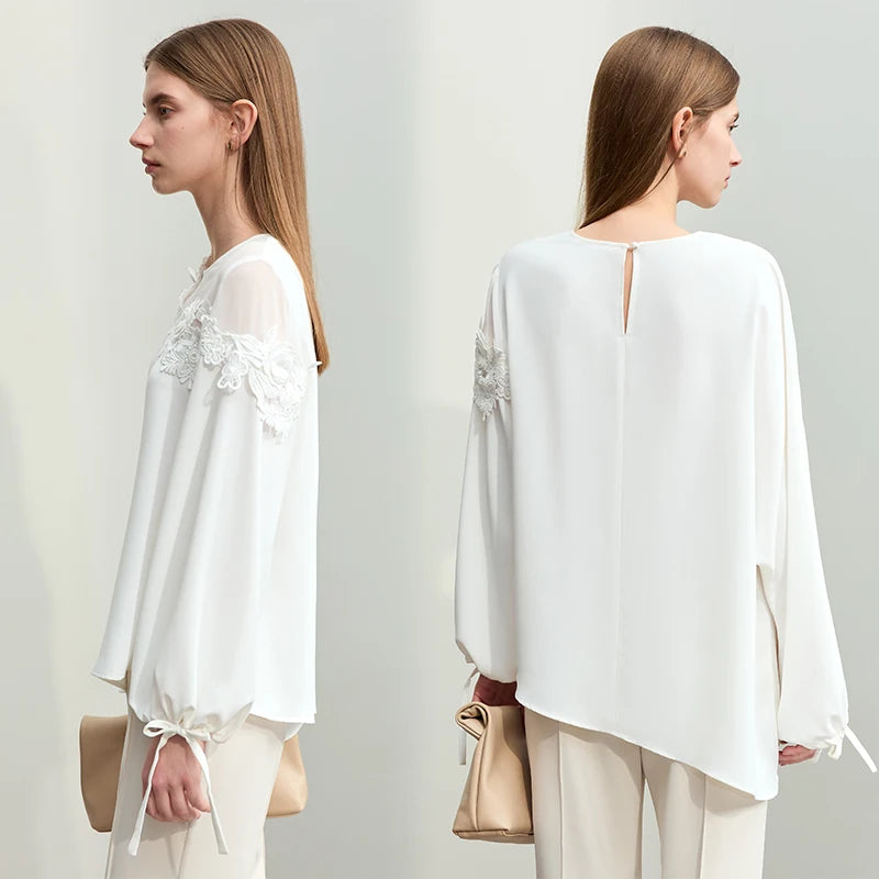 Amii Minimalism 2024 Women Blouse Spring New Elegant Lace Pearl Reveal Shoulder Strap Long-sleeved Chiffon Shirt Female 12441064