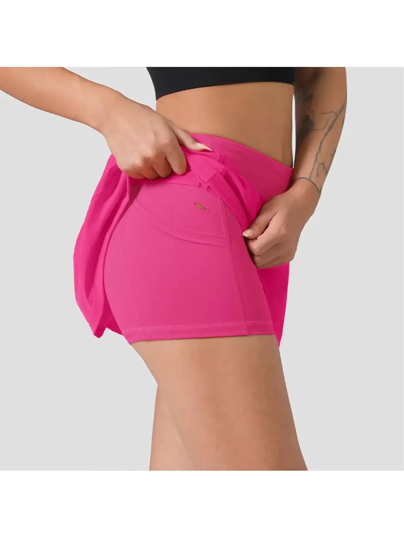Tennis Golf Skort — High-Waist with Inner Shorts in Bright Pink — side detail