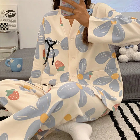 Women’s Autumn 2-Piece Pyjama Set – Thin Sexy V-Neck Sleepwear Home Suit