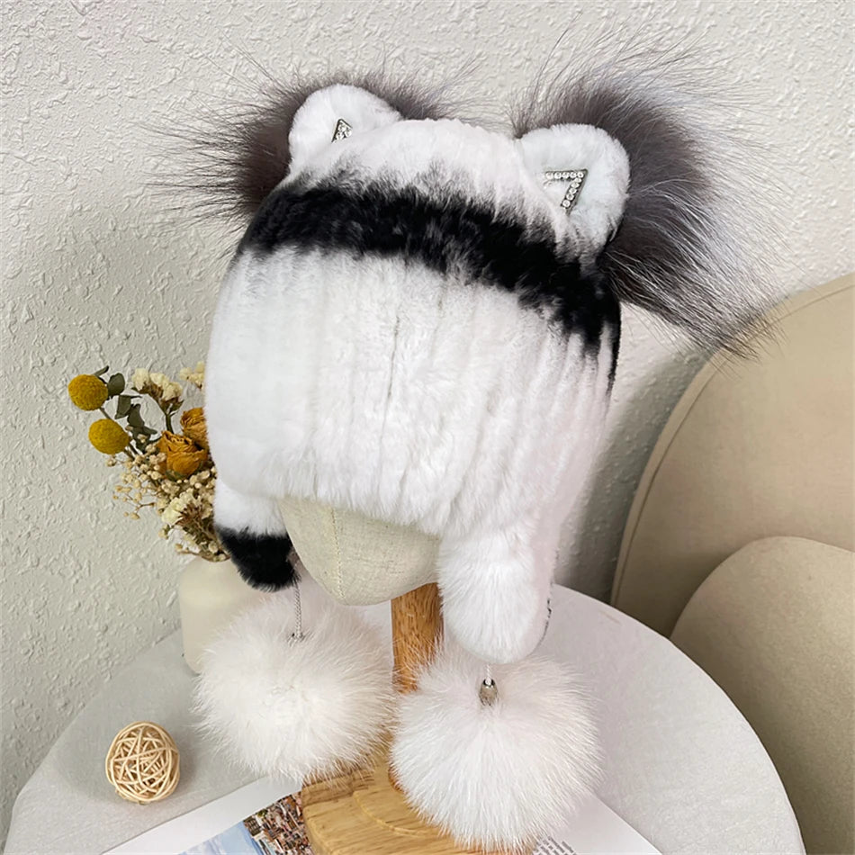 Winter Children Hat Real Rabbit Fur Hats Hat With Earflaps Bonnet Infant Cap Kids Hats for Girls Boys Ears Neck Warmer Fur Hat