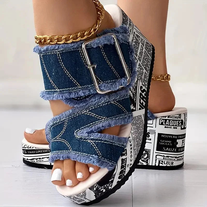 Sandals & Slides — Buckled Denim Platform Wedge Sandals, Y2K Vacation Slides — view 2 of sandals & slides