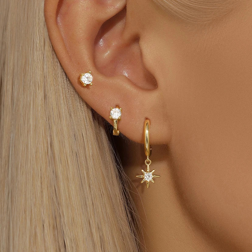 Women's 3pc Star Drop Earrings Set — 18K Gold Plated Round Dangle Jewelry
