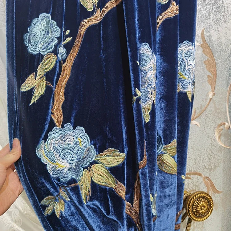 Royal Blue Velvet Bird Embroidery Curtains – Thick Shading Flocking Drapes for Living Room & Bedroom