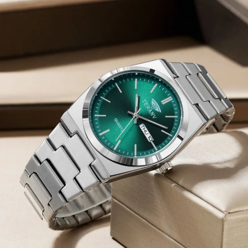Men's Slim Stainless Steel Calendar Watch — Fashion Quartz Wristwatch — view 2 of watches