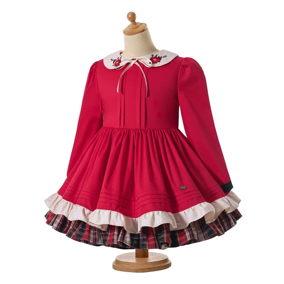 Pettigirl Girls Red Cute Retro Style Doll collar Long Sleeve Embroidered Christmas Dress with Headband