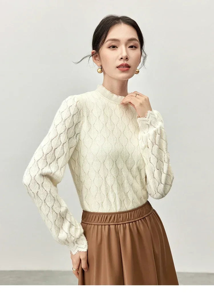 SENTUBILA Elegant Patchwork Lace Blouse for Women 2024 Winter Straight Hollow Out Ruffled Neck Solid Knit Tops Female 144S55866