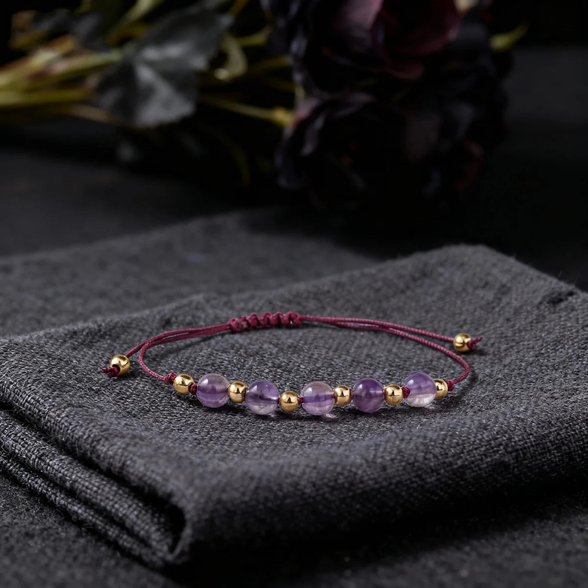Crystal & Gemstone Amethyst Bracelet — Natural Woven Bead String Crystal Jewelry — view 4 of crystal & gemstone