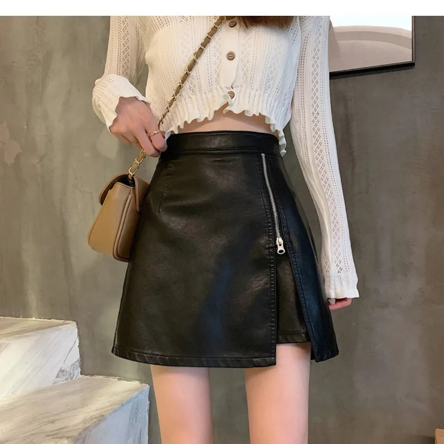 【HOT】Small leather skirt half-body skirt for women spring and autumn new fashion zipper PU leather short skirt slimming high wa — view 1 of product