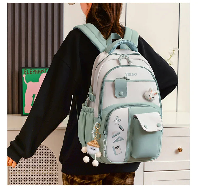 Cute rabbit children school backpack for teenage girls Fashionable splicing color contrast fresh lady knapsack kids schoolbags