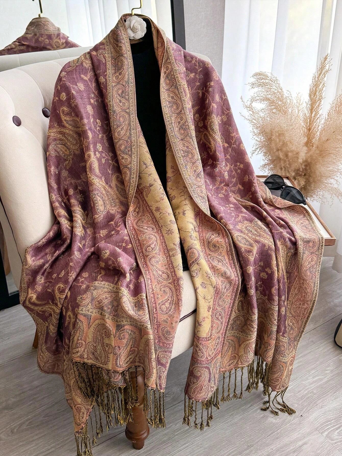 Pashmina Scarf European Bohemia Paisley Jacquard — Museum-Piece Cashmere Shawl Wrap 70×190cm — view 12 of scarves & wraps