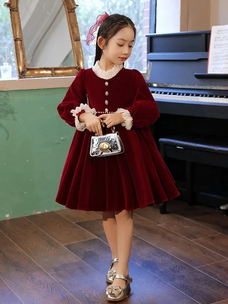 Wine Red Velvet Baby Kids Clothes Flower Girls Dresses for party Wedding Birthday Teens Evening Prom Children Christmas Dress