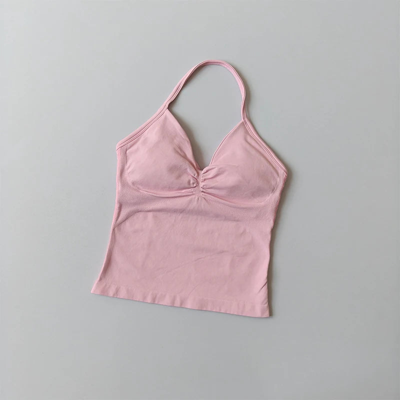 Longline Strappy Yoga Tank &mdash; Seamless Ruched Backless Gym Vest with Built-In Bra — view 10 of sports bras