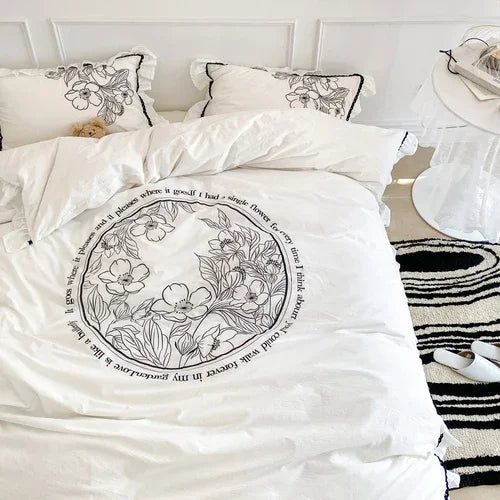 Pastoral Black White Washed Cotton Four-Piece Set Super Soft Simple Embroidered Quilt Cover Bed Sheet Ins Bedding Plant Flower