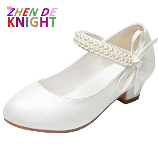 Girls High Heel Shoes For Kids Pearl Teen Crystal Party Princess Shoes Child Wedding Formal Leather Sandals Girls Footwear Party