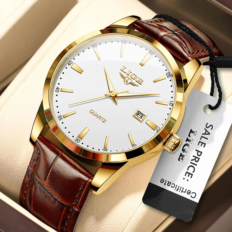 LIGE Men's Brown Leather Watch — Military Sport Quartz Chronograph Wristwatch — view 6 of watches