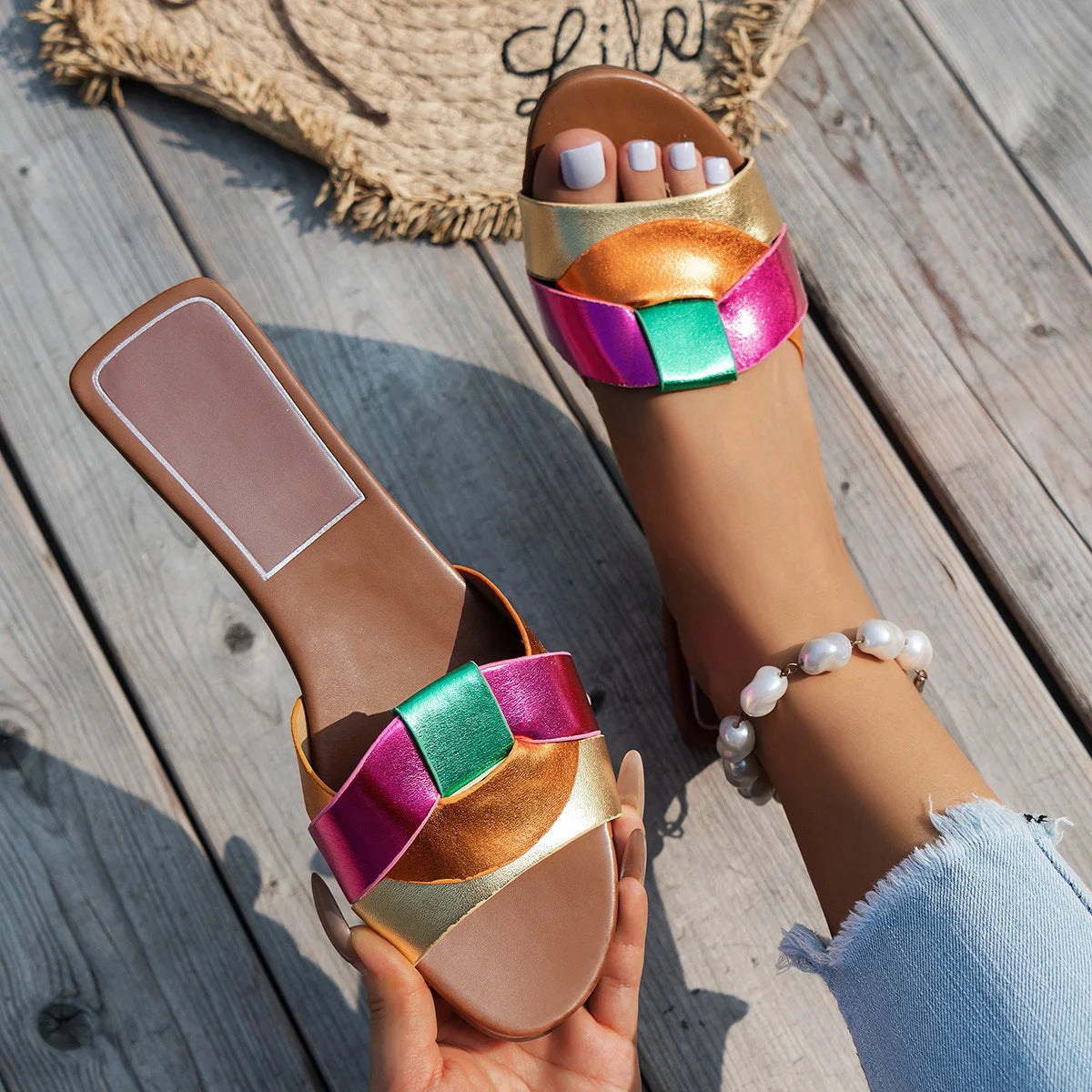 Designer-Look Woven Slippers — Comfortable Flat Summer Slides for Women — view 4 of sandals & slides