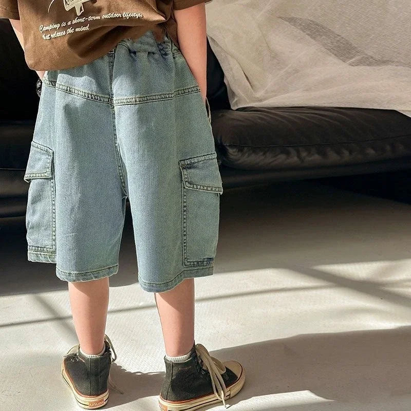 Boys Jean Shorts Kids Eastic Band Short Pant Teenagers Cargo Trousers 2024