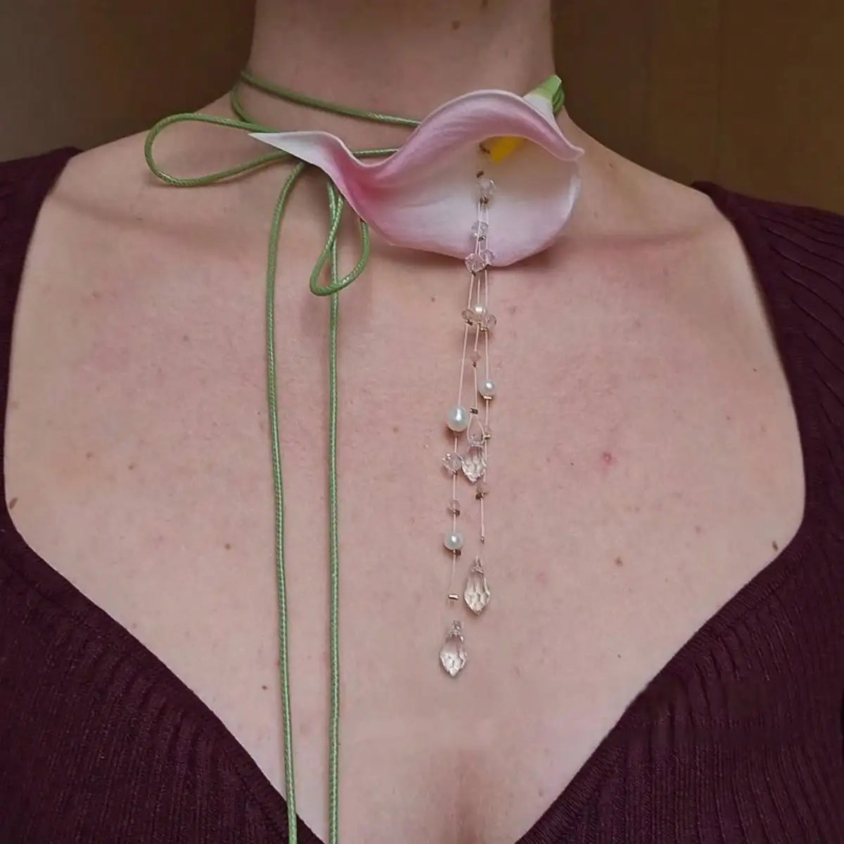 Pearl Tassel Calla Lily Necklace — Handmade Crystal Drop Pendant for Women — view 2 of necklaces