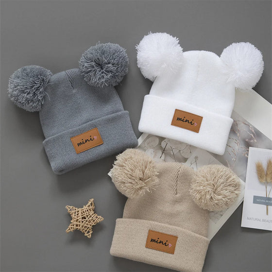 3pcs Infant Knit Beanie Bundle - Heart-Pompom Stretchy Caps in Mixed Colors — view 1 of baby hats