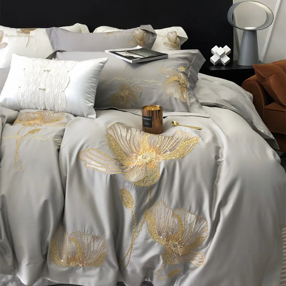 Luxury Embroidered Cotton Bedding Set – Double Duvet Cover, Flat Bed Sheet & Pillowcases