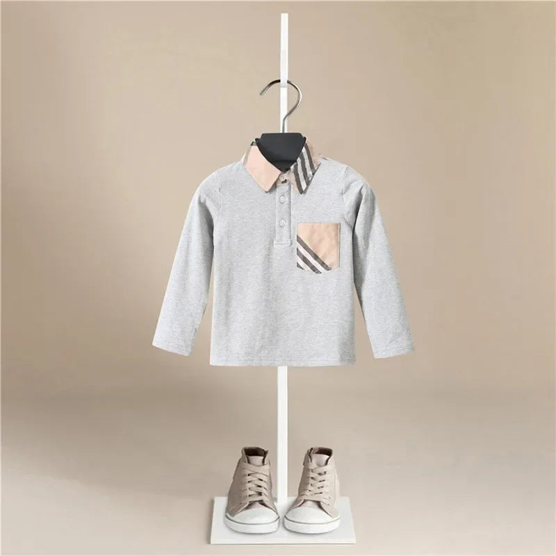 Spring T-Shirt Kids Clothes Tops Color Stripes Turn-down Collar Autumn Long Sleeve Polos Baby Boy Pocket Boys Shirts Teen1T-7T