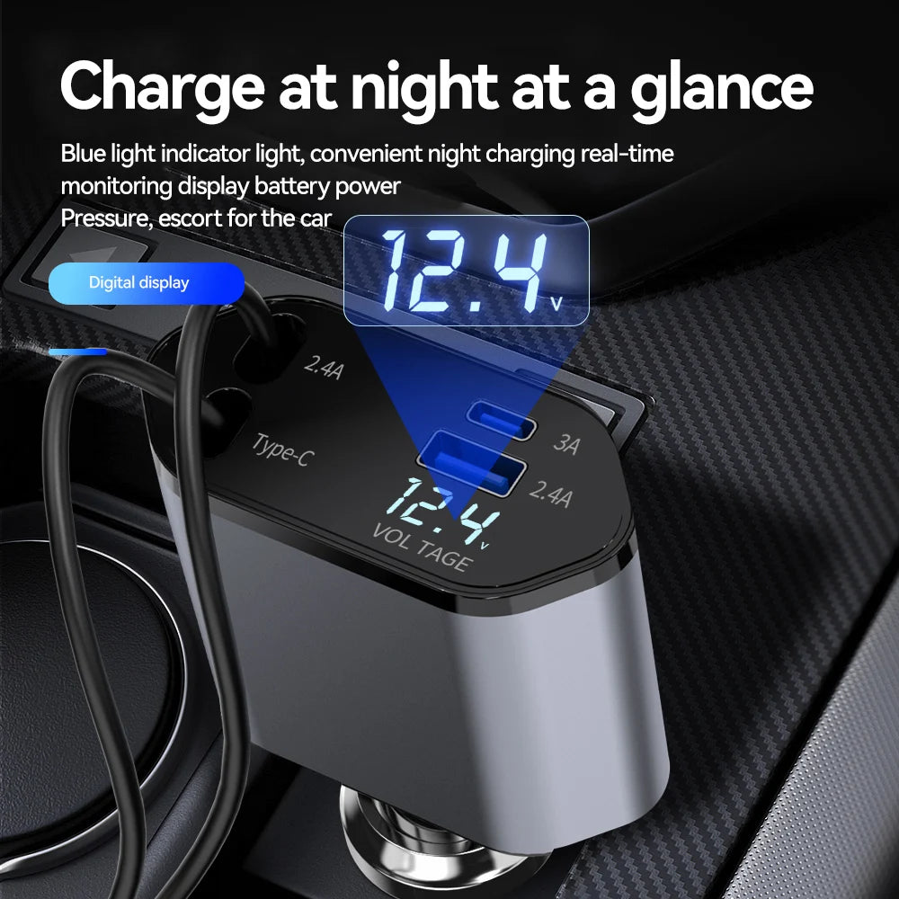 4-in-1 120W Retractable Car Charger — USB-C + Lightning + Type-C Cigarette Adapter — view 4 of chargers & cables