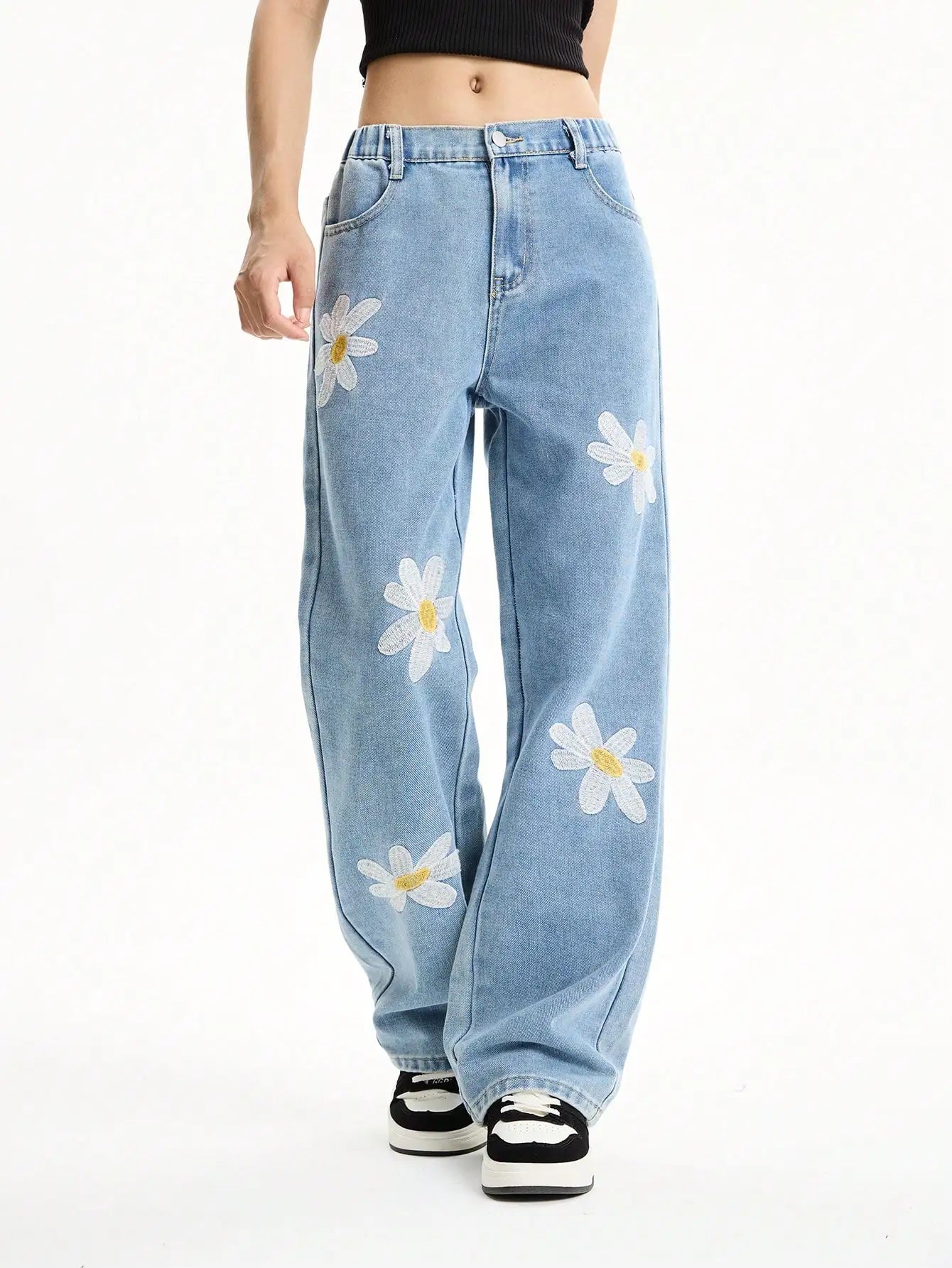 Girls' Light Blue Floral Embroidered Straight-Leg Jeans — Loose Wide-Leg Denim — front view
