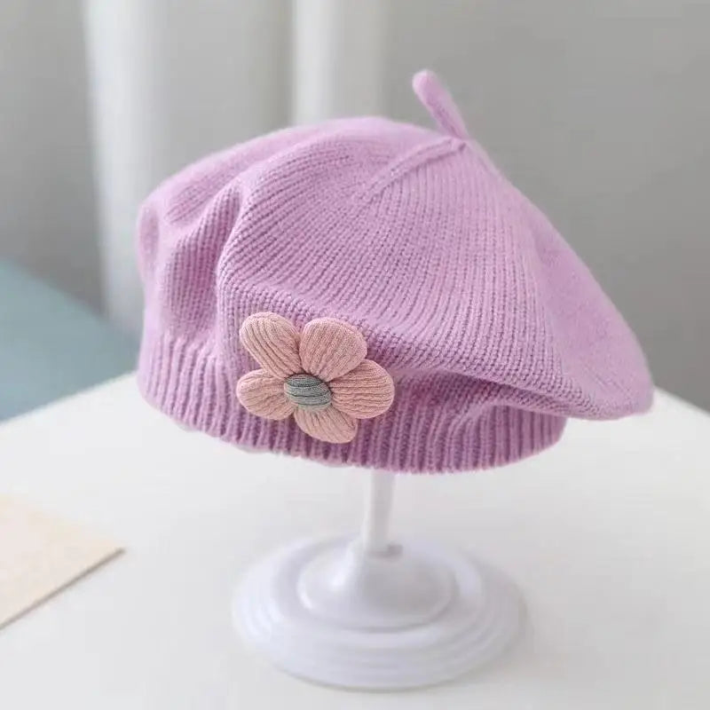 Flower Baby Beret Hat - Knitted Painter Cap for Infant Girls, Cute Toddler Princess Beret
