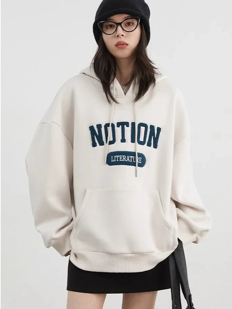 CHIC VEN Women Sweatshirts Loose Casual New Oversized Hooded Letter Patch Hoodie Female Fleece Woman Top Autumn Winter 2024