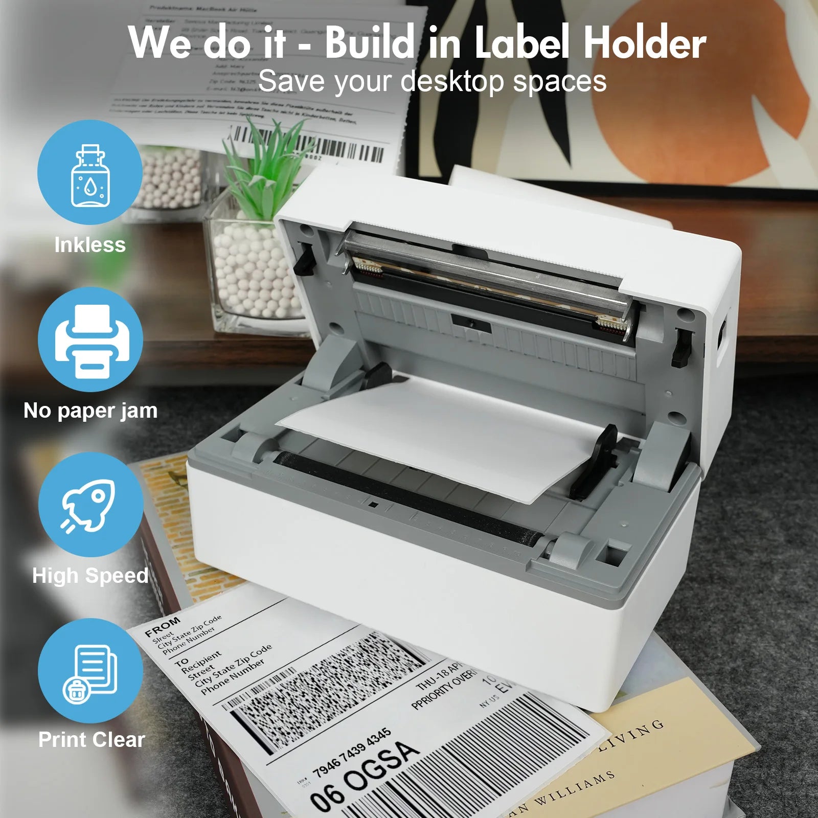 Portable Thermal Label Printer 4x6 (203DPI) – No Ink Bluetooth/USB Shipping Label Maker